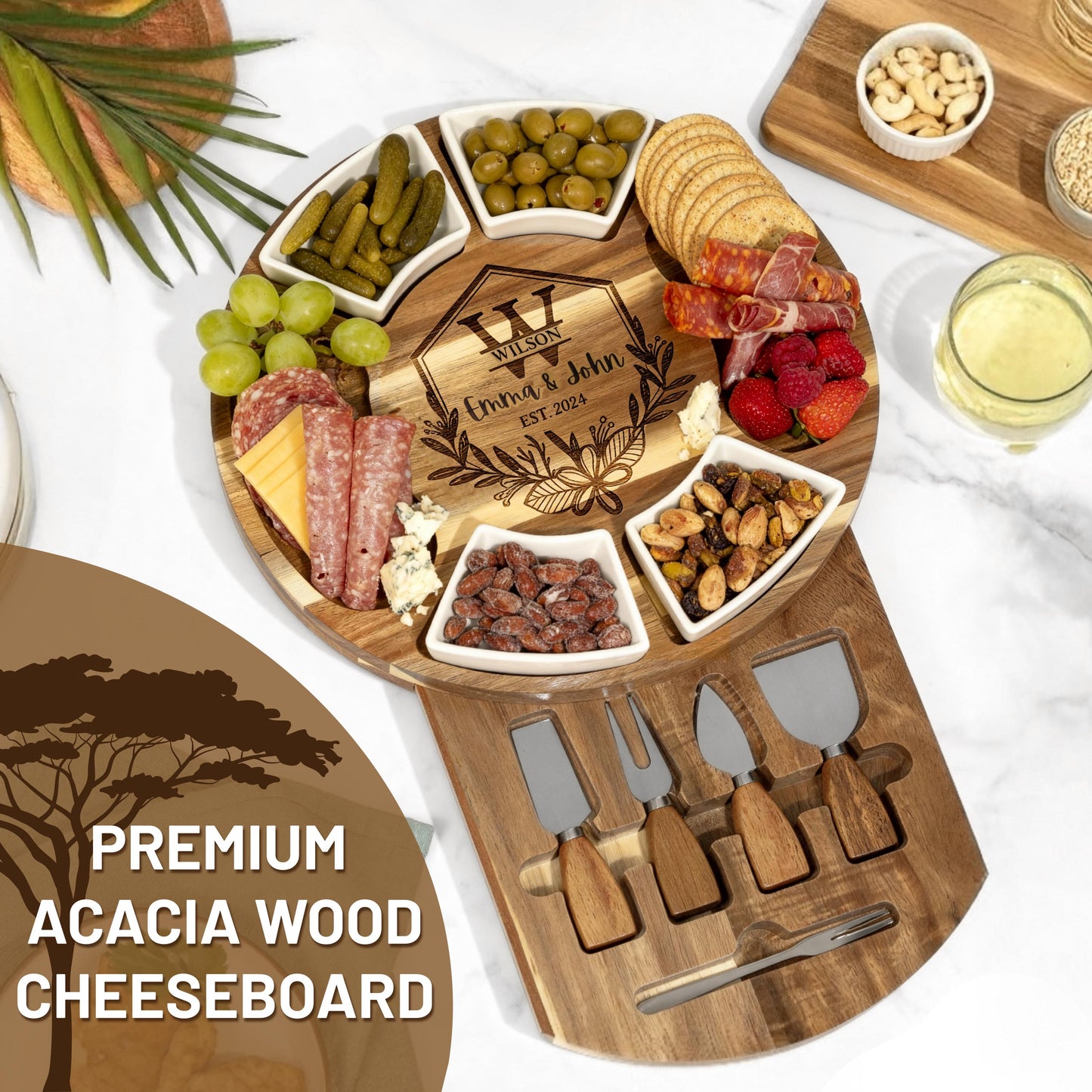 Personalized Acacia Wood Charcuterie Board Set,Serving Platter & Utensils, Housewarming, Wedding, Anniversary Gift, Engraved Cheese Board