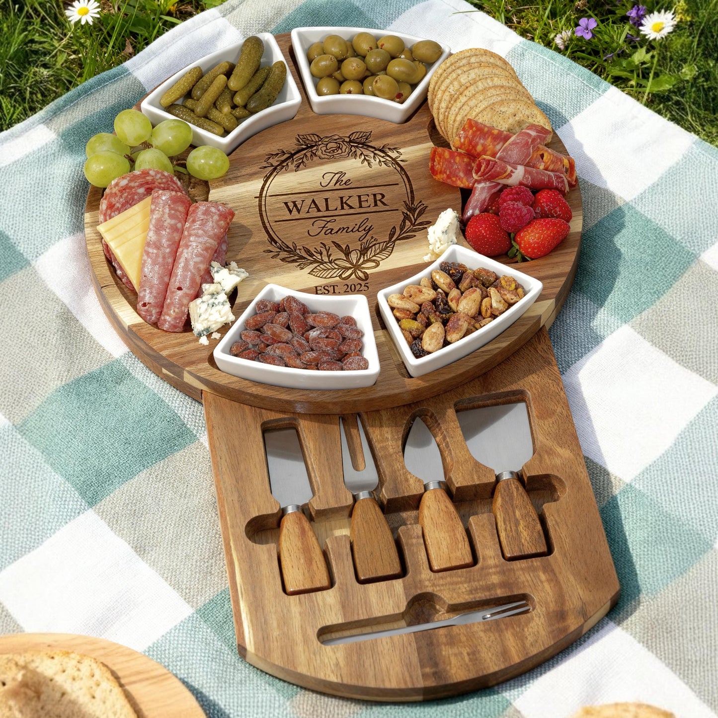 Personalized Acacia Wood Charcuterie Board Set,Serving Platter & Utensils, Housewarming, Wedding, Anniversary Gift, Engraved Cheese Board