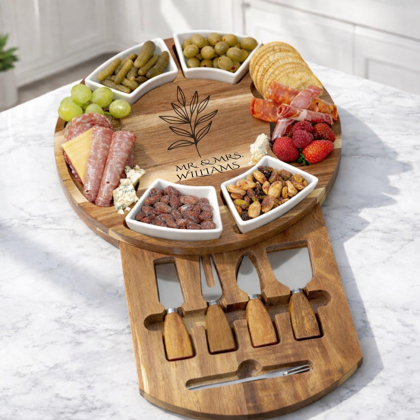 Personalized Acacia Charcuterie Board Housewarming Gift, Engraved Cheese Board Set, Custom Family Name Serving Board, New Home Gift Idea