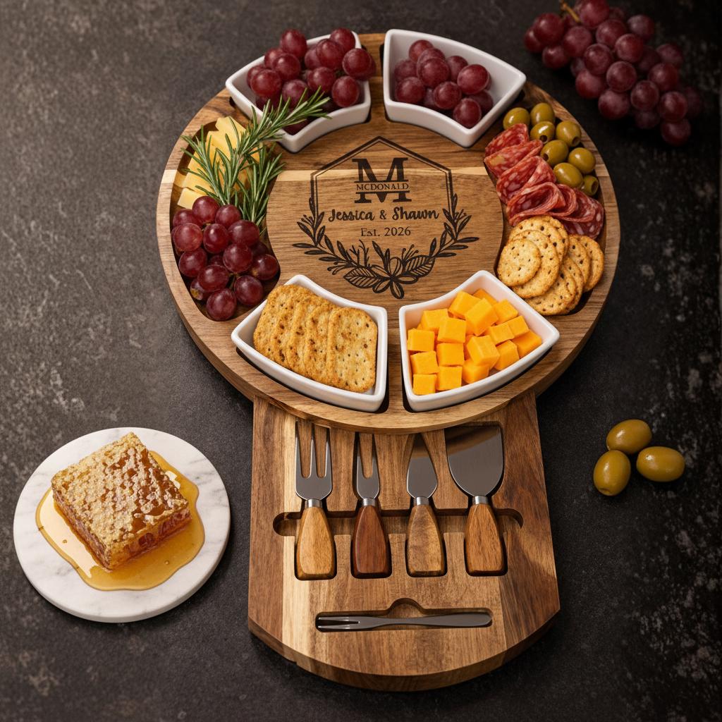 Personalized Acacia Wood Charcuterie Board, Custom Cheese Board & Knife Set, Wedding Gift for Couple, Engraved 5th Anniversary Gift