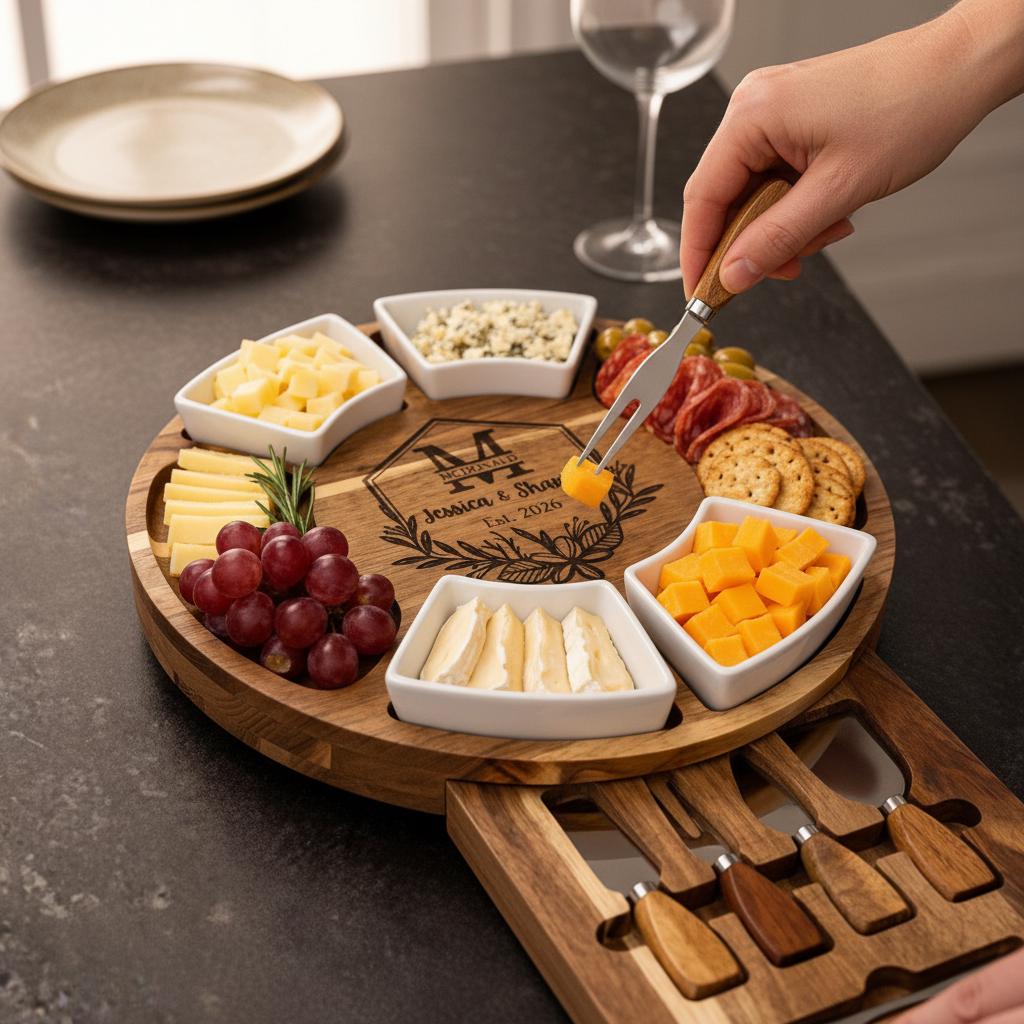 Personalized Acacia Wood Charcuterie Board, Custom Cheese Board & Knife Set, Wedding Gift for Couple, Engraved 5th Anniversary Gift