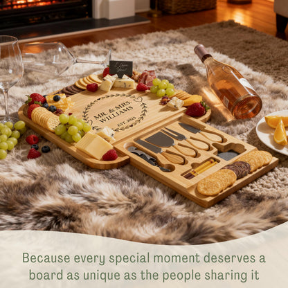First Home Gift Personalized Charcuterie Board Set, Engraved Bamboo Cheese Board with Drawer, New House Celebration, Custom Kitchen Board