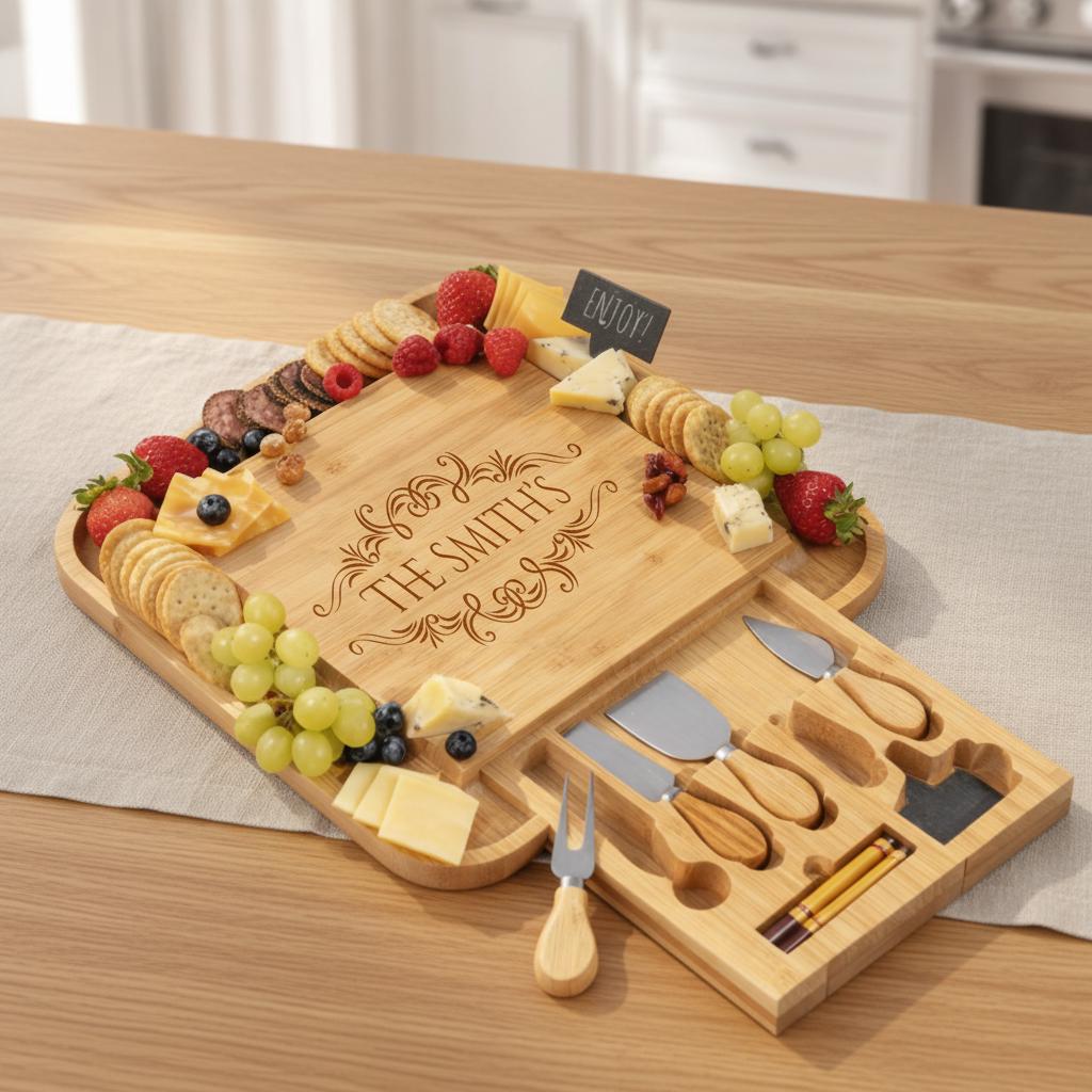 First Home Gift Personalized Charcuterie Board Set, Engraved Bamboo Cheese Board with Drawer, New House Celebration, Custom Kitchen Board