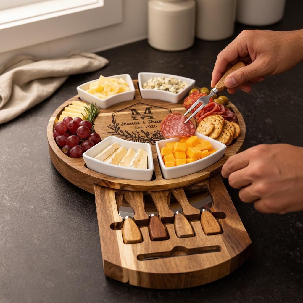 Personalized Acacia Wood Charcuterie Board, Custom Cheese Board & Knife Set, Wedding Gift for Couple, Engraved 5th Anniversary Gift
