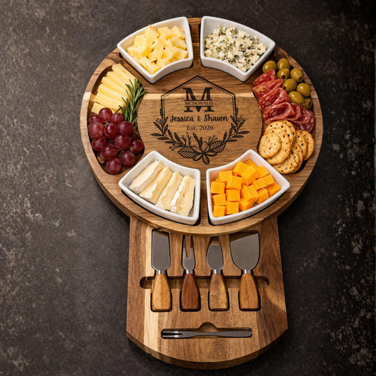 Personalized Acacia Wood Charcuterie Board, Custom Cheese Board & Knife Set, Wedding Gift for Couple, Engraved 5th Anniversary Gift
