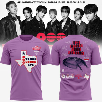 Texas Loves BTS | Dallas Cowboys x BTS WORLD TOUR 'ARIRANG' AT&T Stadium Tshirt - Purple