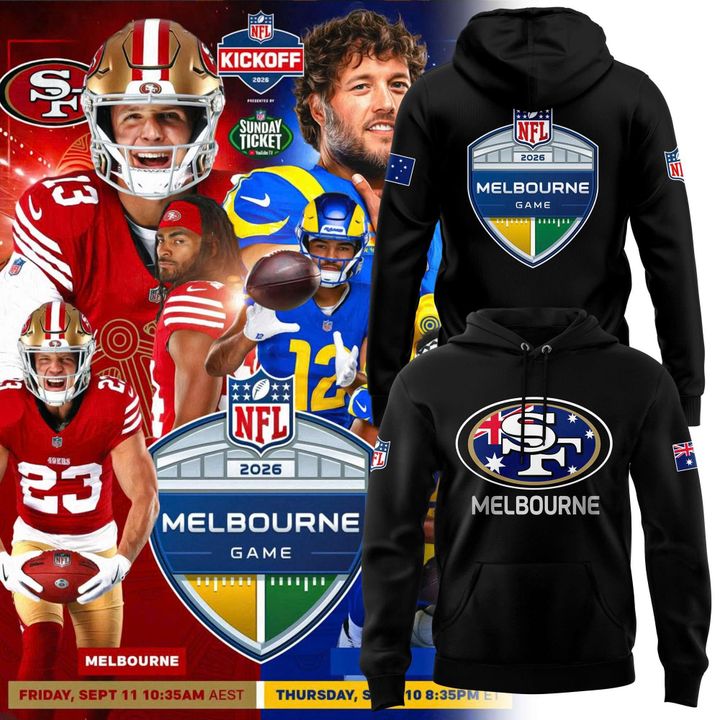 Black 2026 Melbourne Game Commemorative Hoodie - San Francisco 49ers Australia Football Graphic Pullover Apparel
