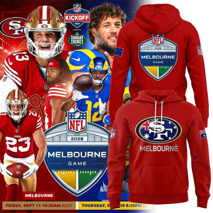 San Francisco 49ers 2026 Melbourne Game Scarlet Red Hoodie - Niners vs Rams Australia Season Kickoff Fan Gear