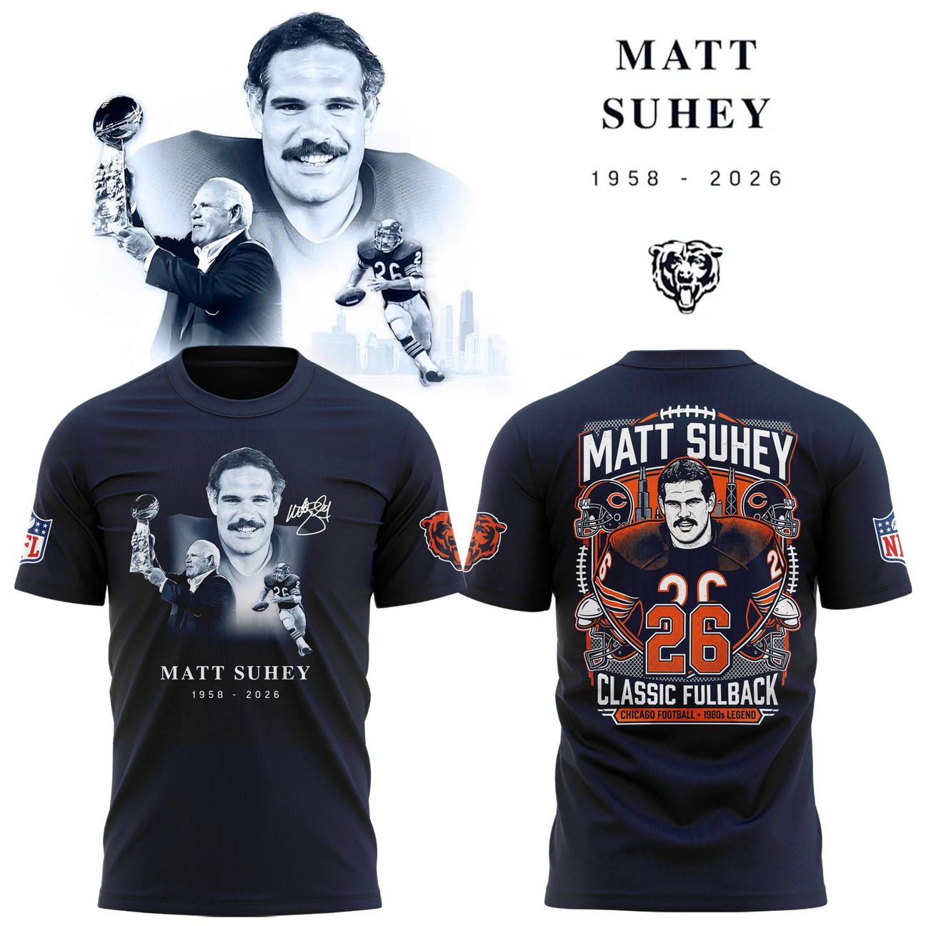 Matt Suhey Memorial T-Shirt - Chicago Bears Legend 1958-2026 Black Graphic Tee
