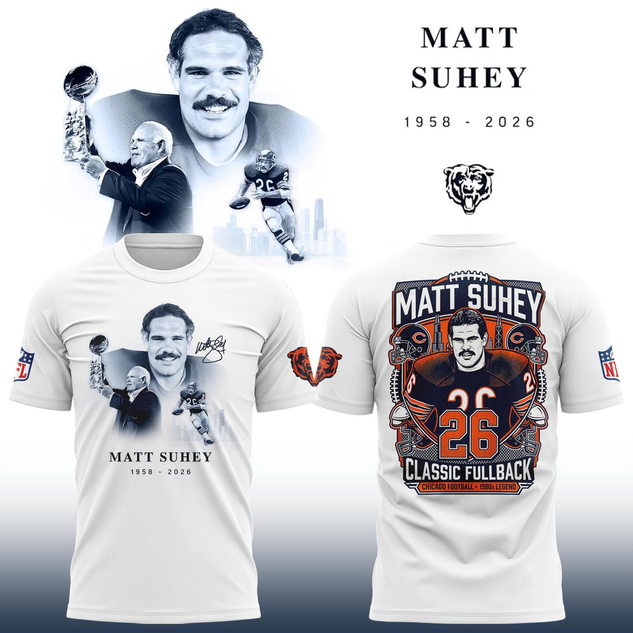 Matt Suhey Memorial T-Shirt - Chicago Bears Legend 1958-2026 Black Graphic Tee