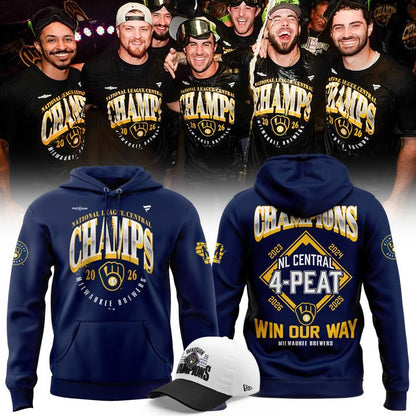 Milwaukee Brewers 2026 NL Central Champions 4-Peat Pullover Hoodie - Navy Blue