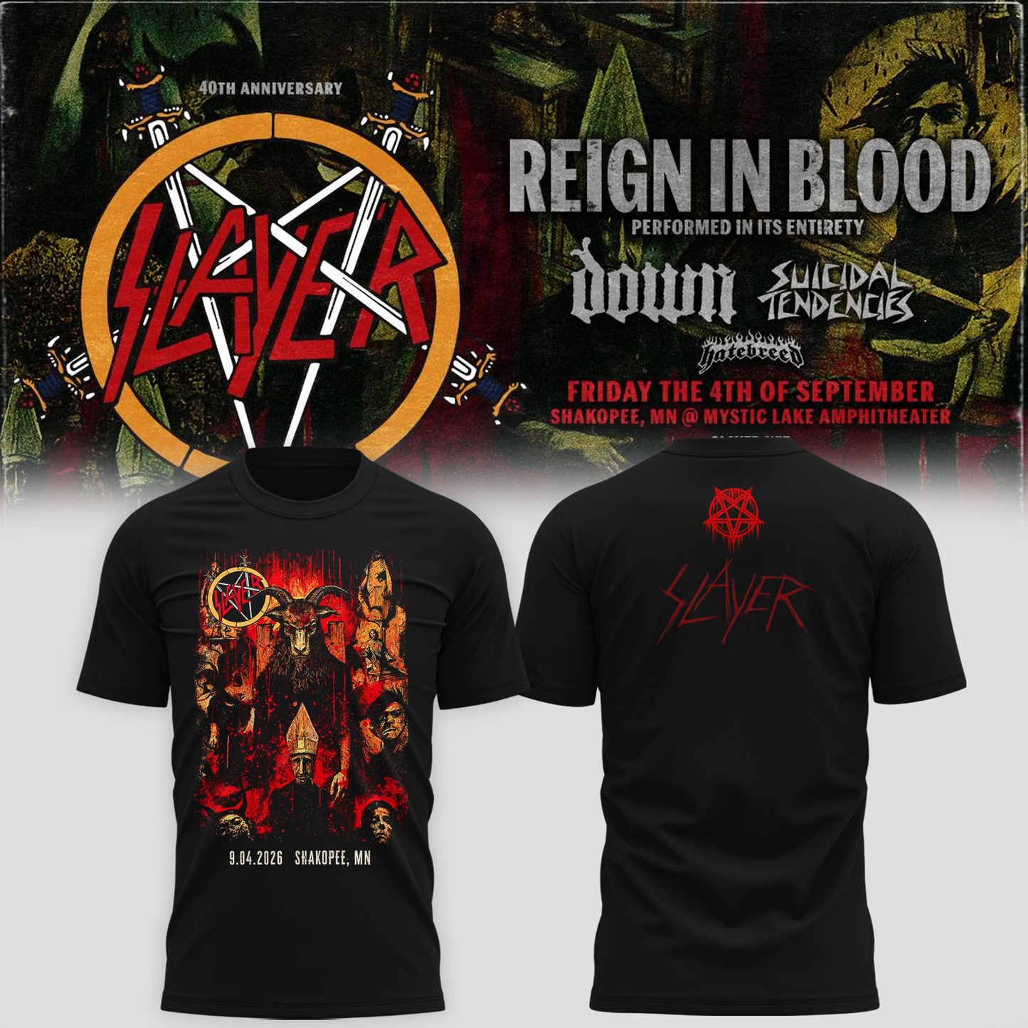 _Slayer_Shakopee MN 2026 Event Tee Reign In Blood 40 Anniversary Tour September 4 2026 Two Sided T-Shirt